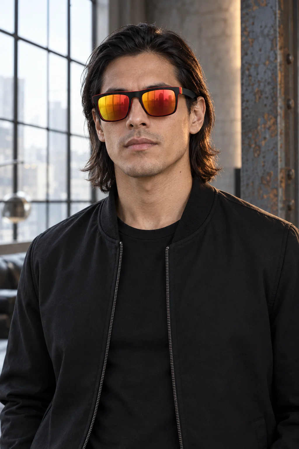 Hombre usando los lentes Urban 731 — Negro / Rojo
