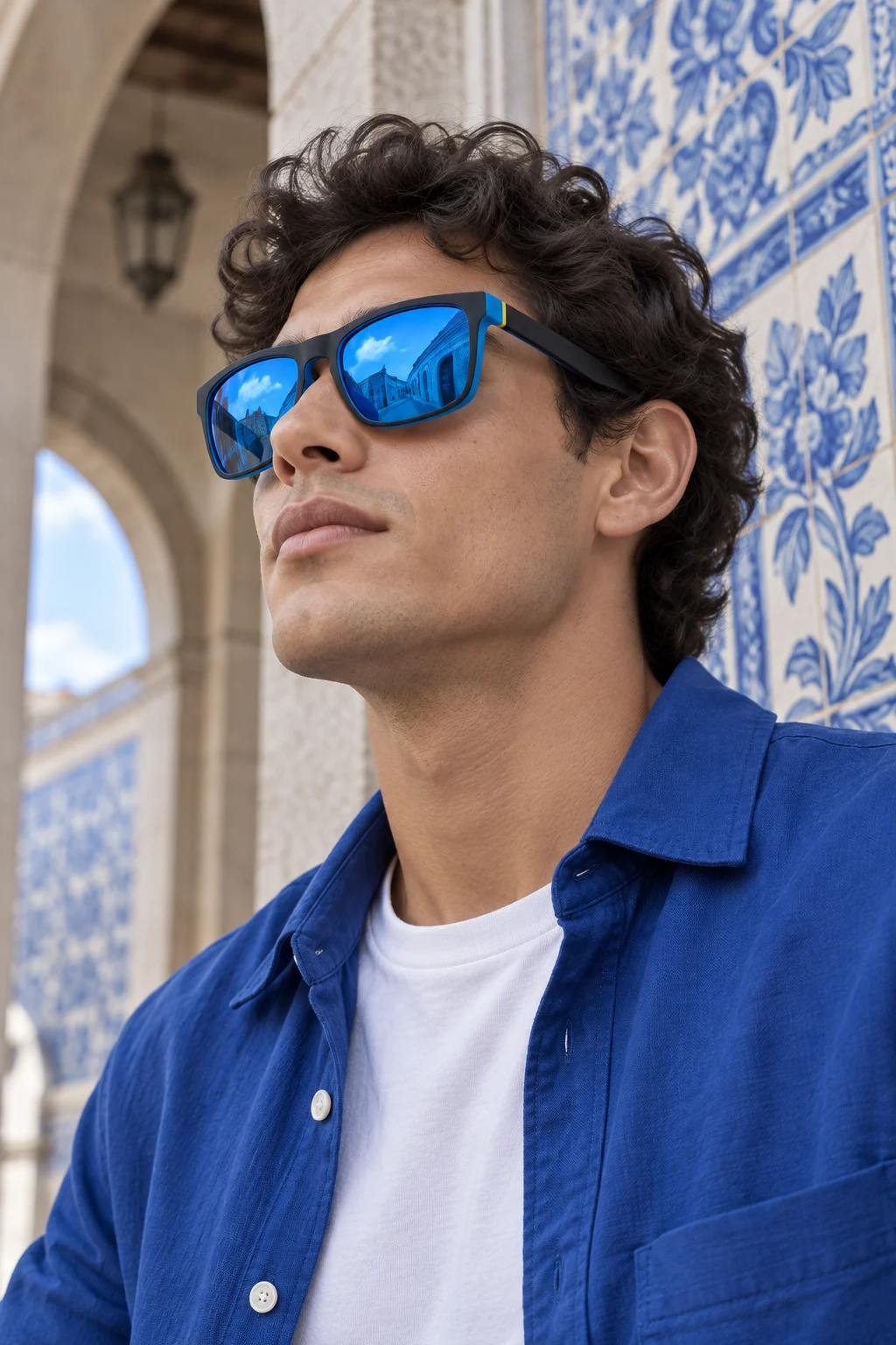 Hombre usando los lentes Urban 731 — Negro / Azul