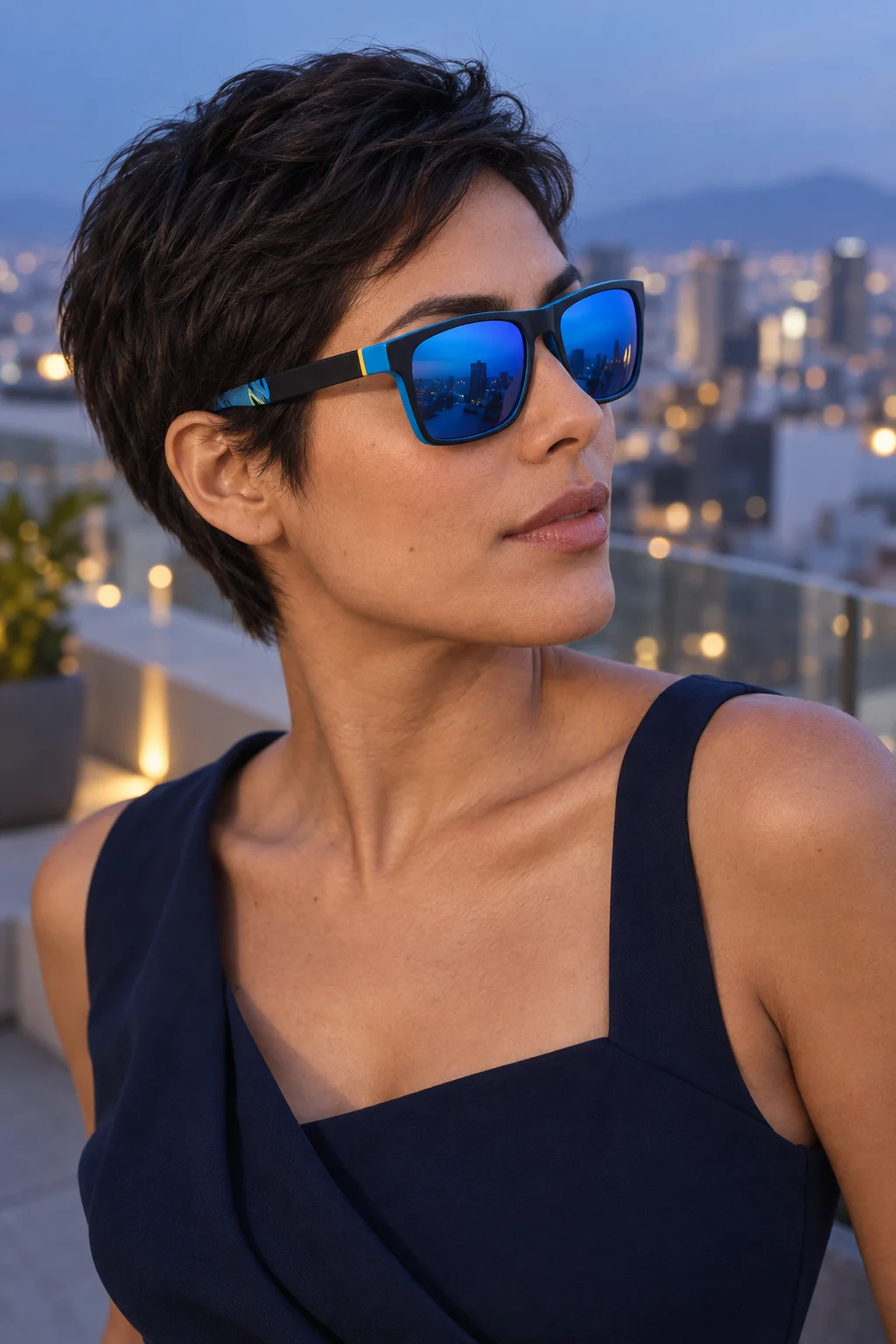 Mujer usando los lentes Urban 731 Negro Azul de Linardi