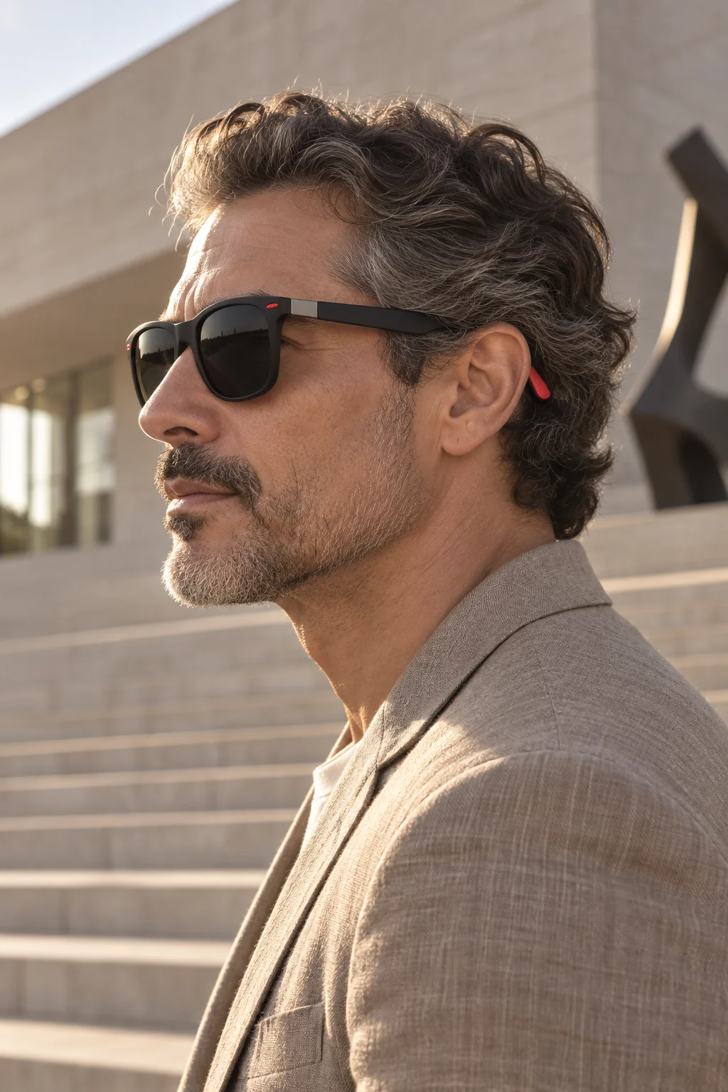 Hombre usando los lentes Sunset 021 — Negro / Rojo