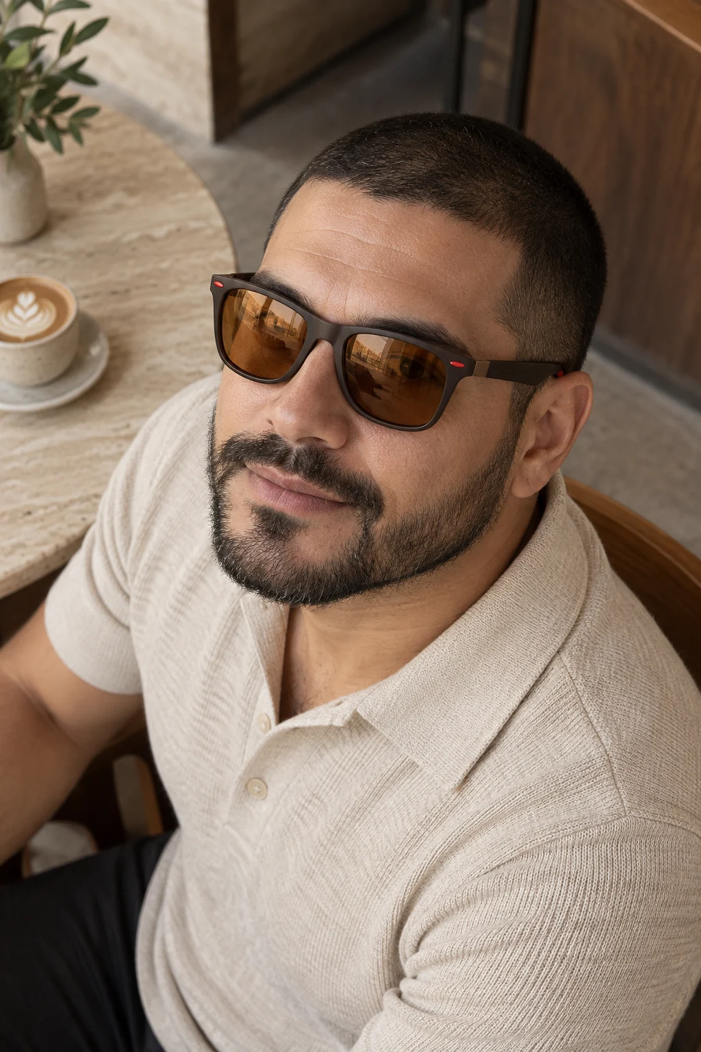 Hombre usando los lentes Sunset 021 Café Té de Linardi