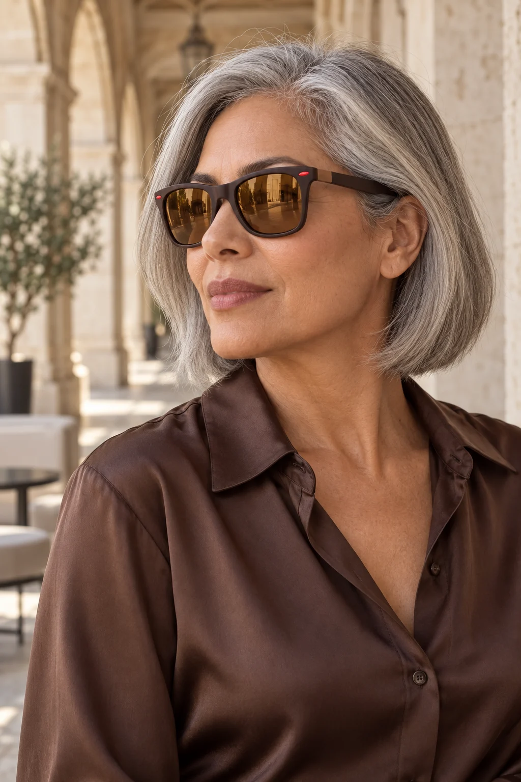 Mujer usando los lentes Sunset 021 — Café Té