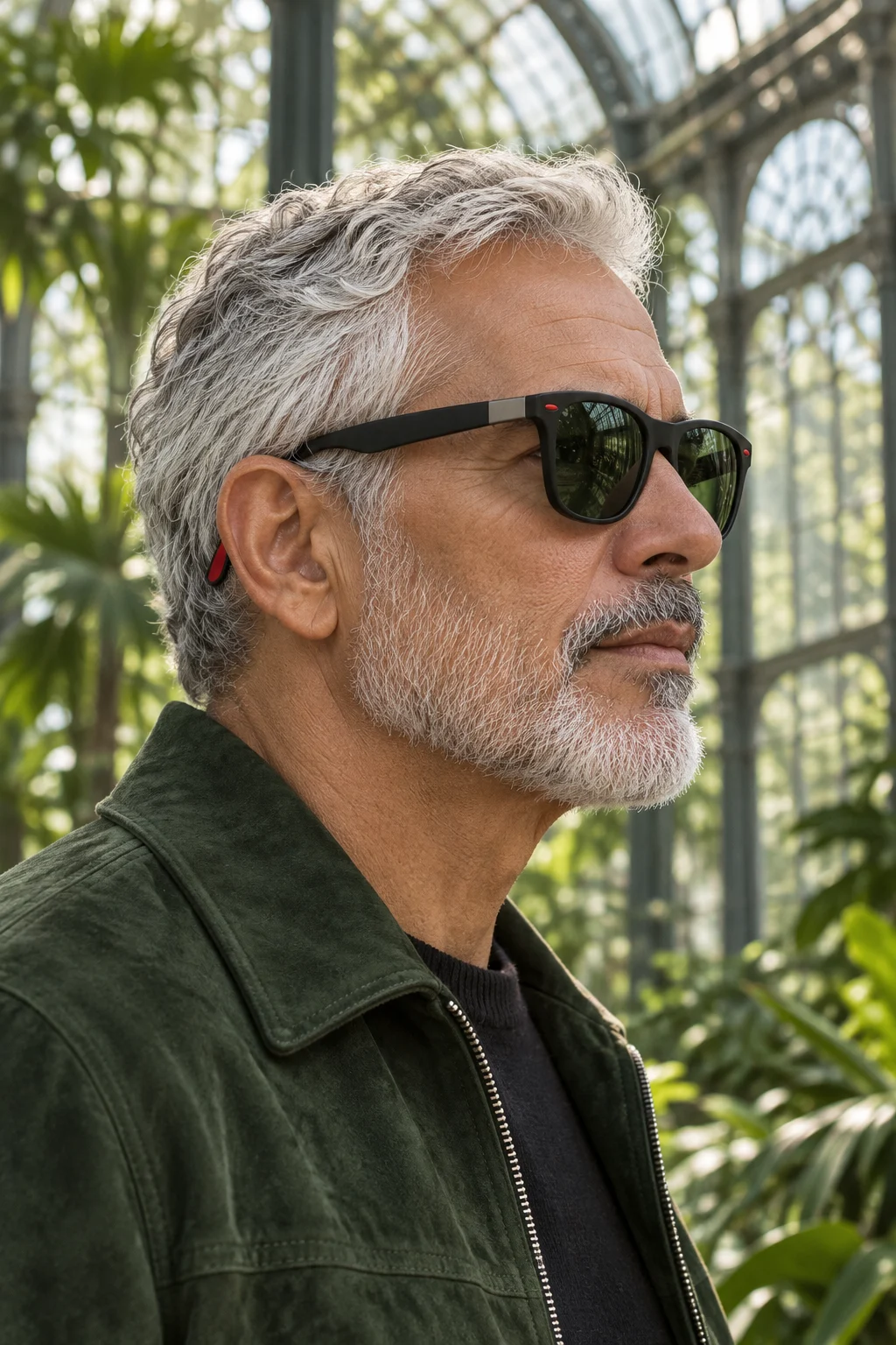 Hombre usando los lentes Sunset 021 — Negro / Verde