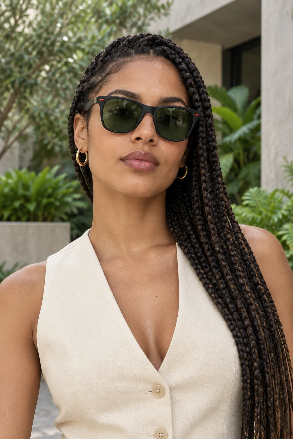 Mujer usando los lentes Sunset 021 — Negro / Verde