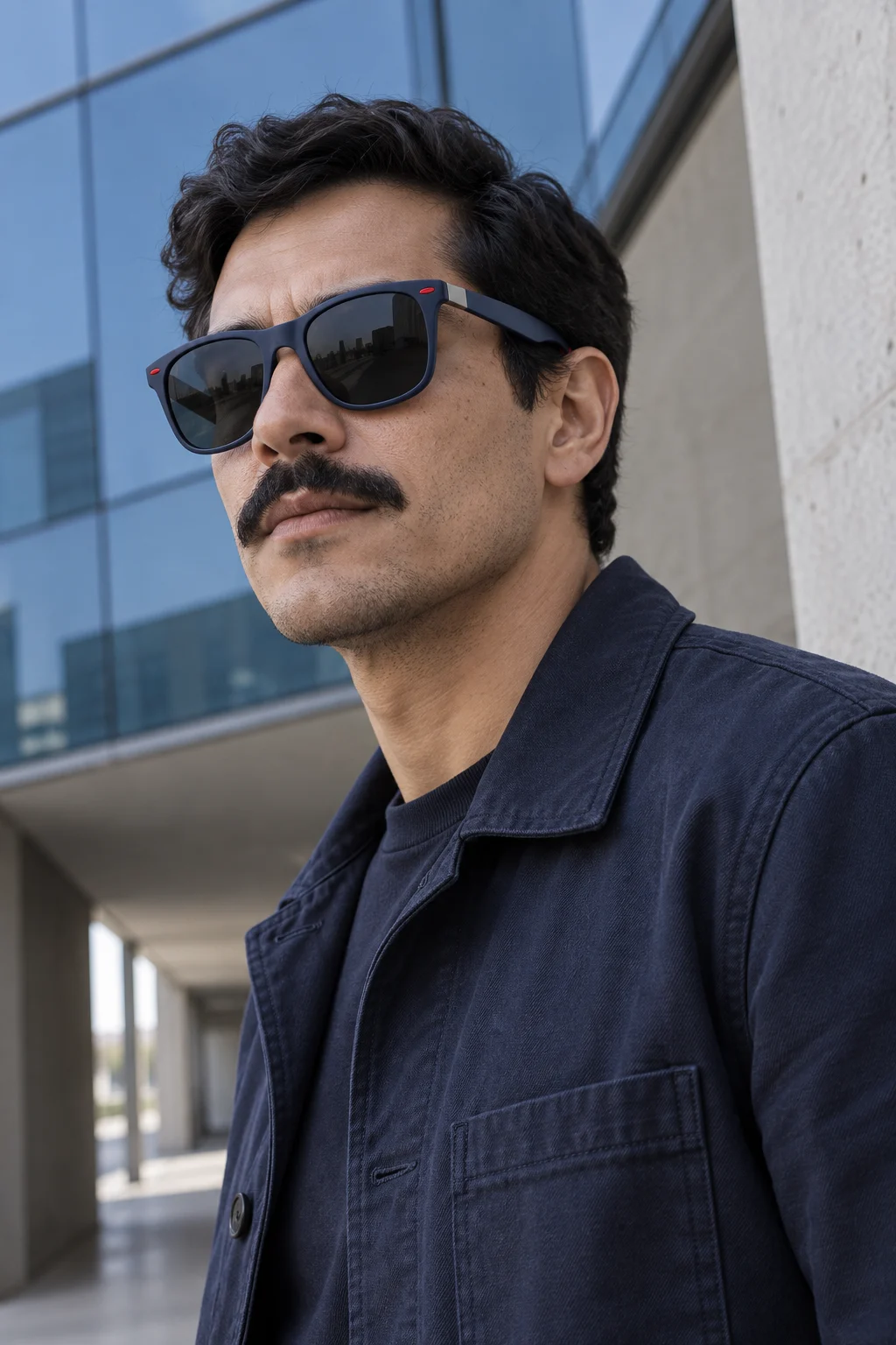 Hombre usando los lentes Sunset 021 — Azul / Negro