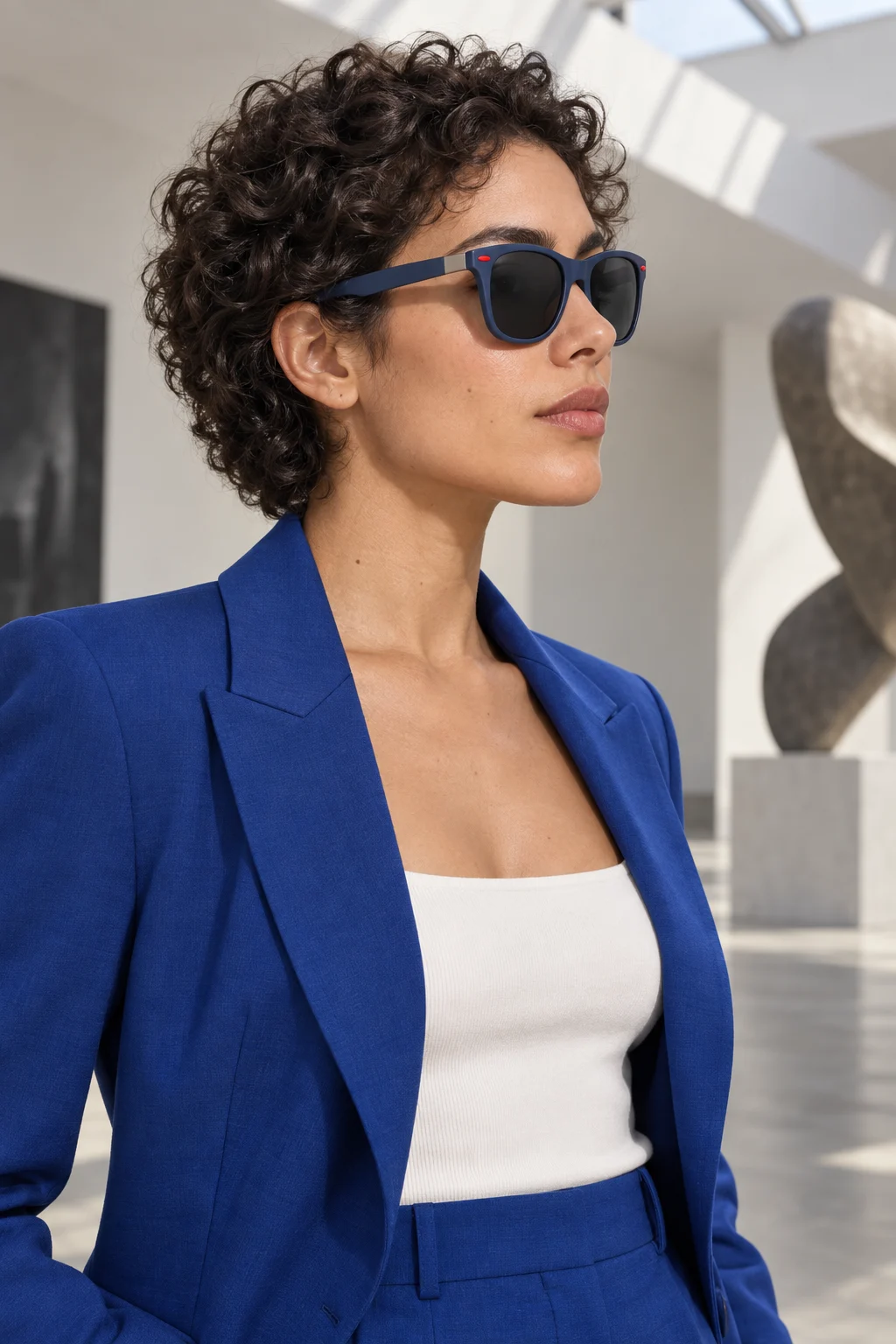 Mujer usando los lentes Sunset 021 — Azul / Negro
