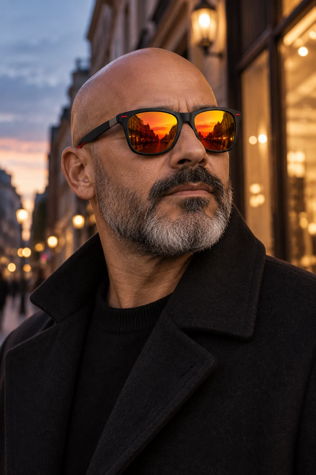 Hombre usando los lentes Sunset 021 — Negro / Rosa Espejo