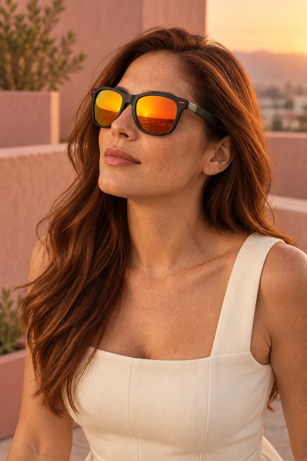 Mujer usando los lentes Sunset 021 — Negro / Rosa Espejo