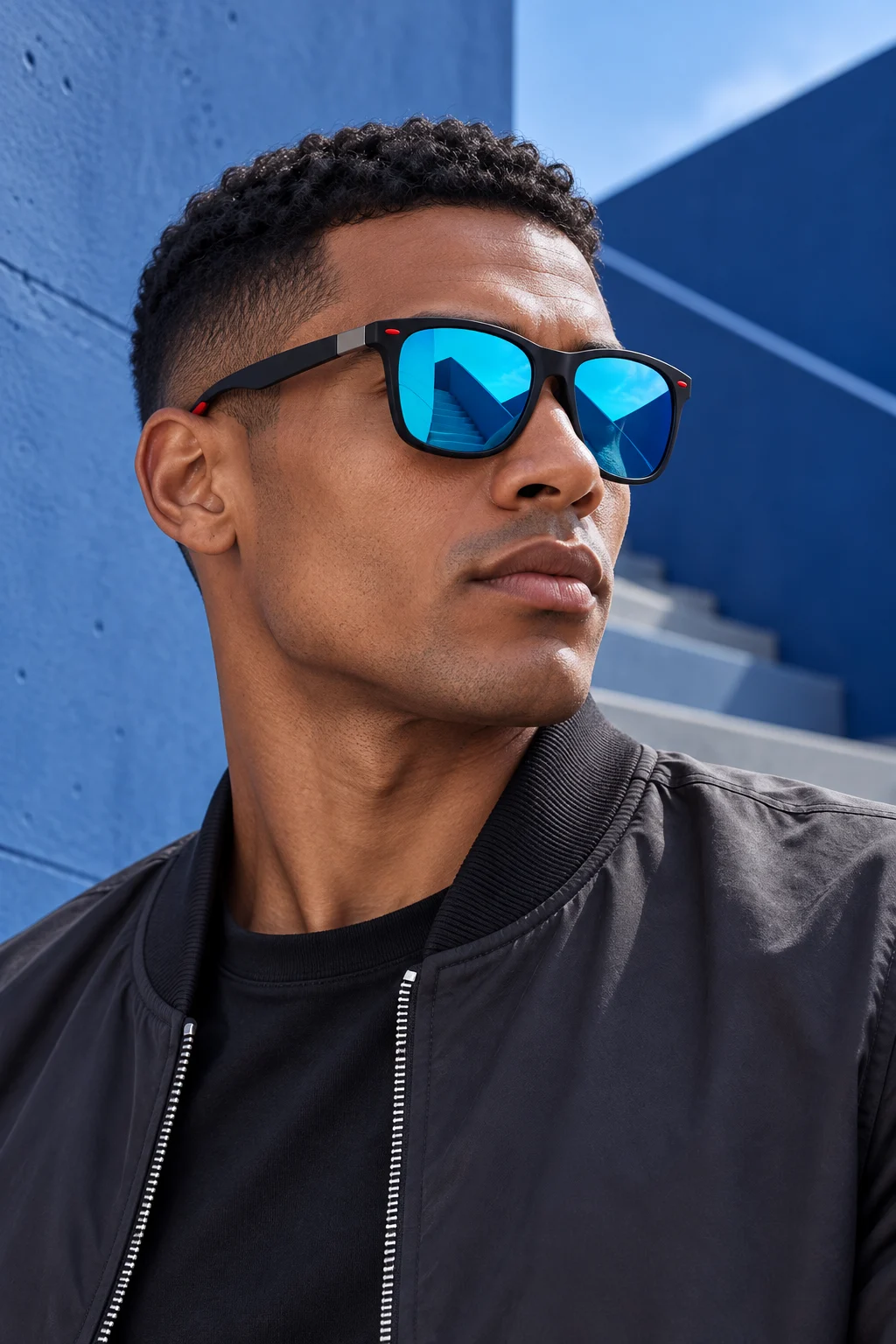 Hombre usando los lentes Sunset 021 — Negro / Azul