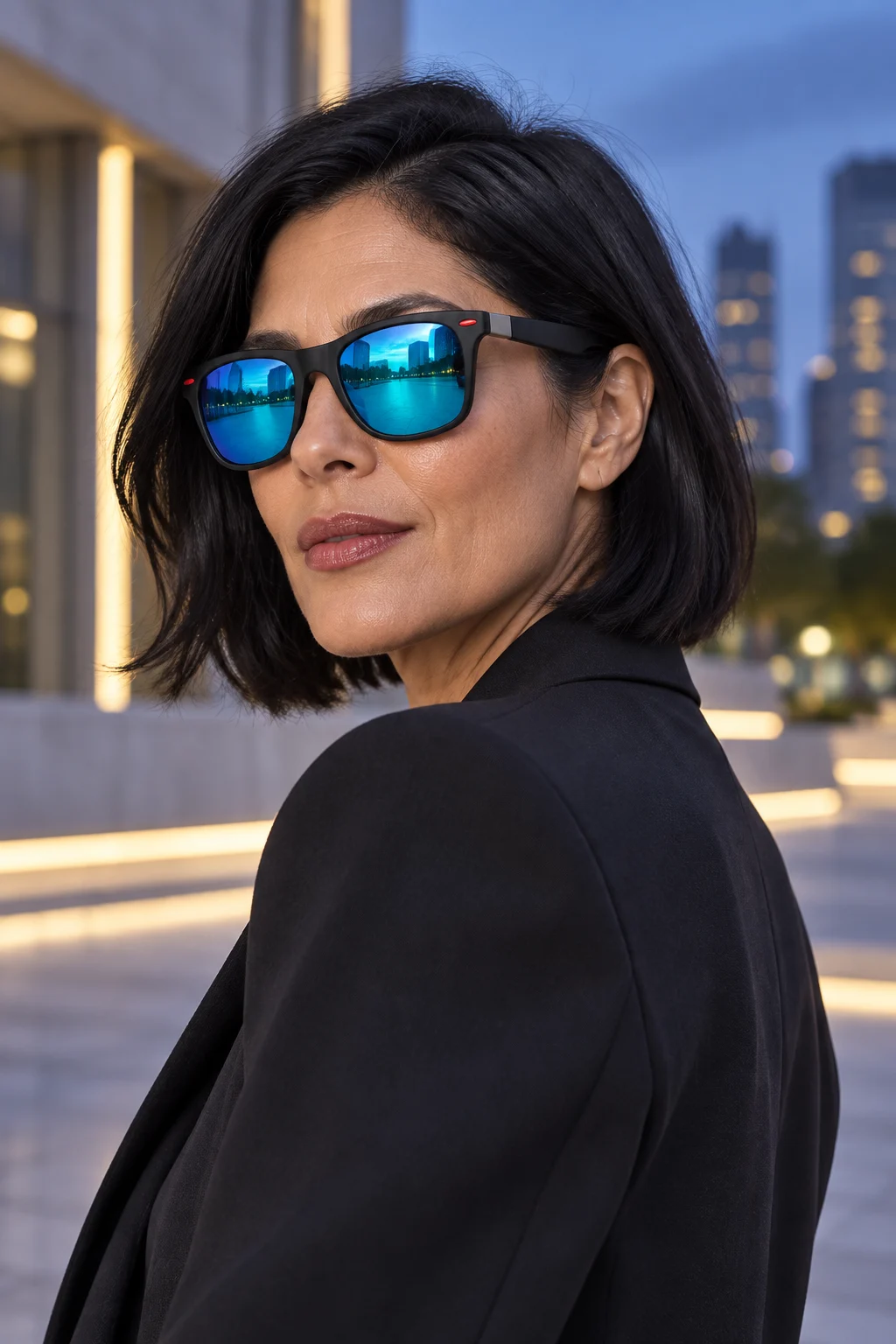 Mujer usando los lentes Sunset 021 — Negro / Azul