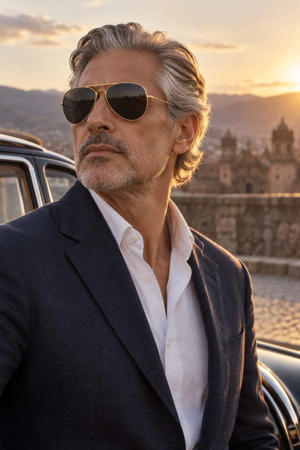 Hombre usando los lentes Aviator 025 — Dorado / Gris