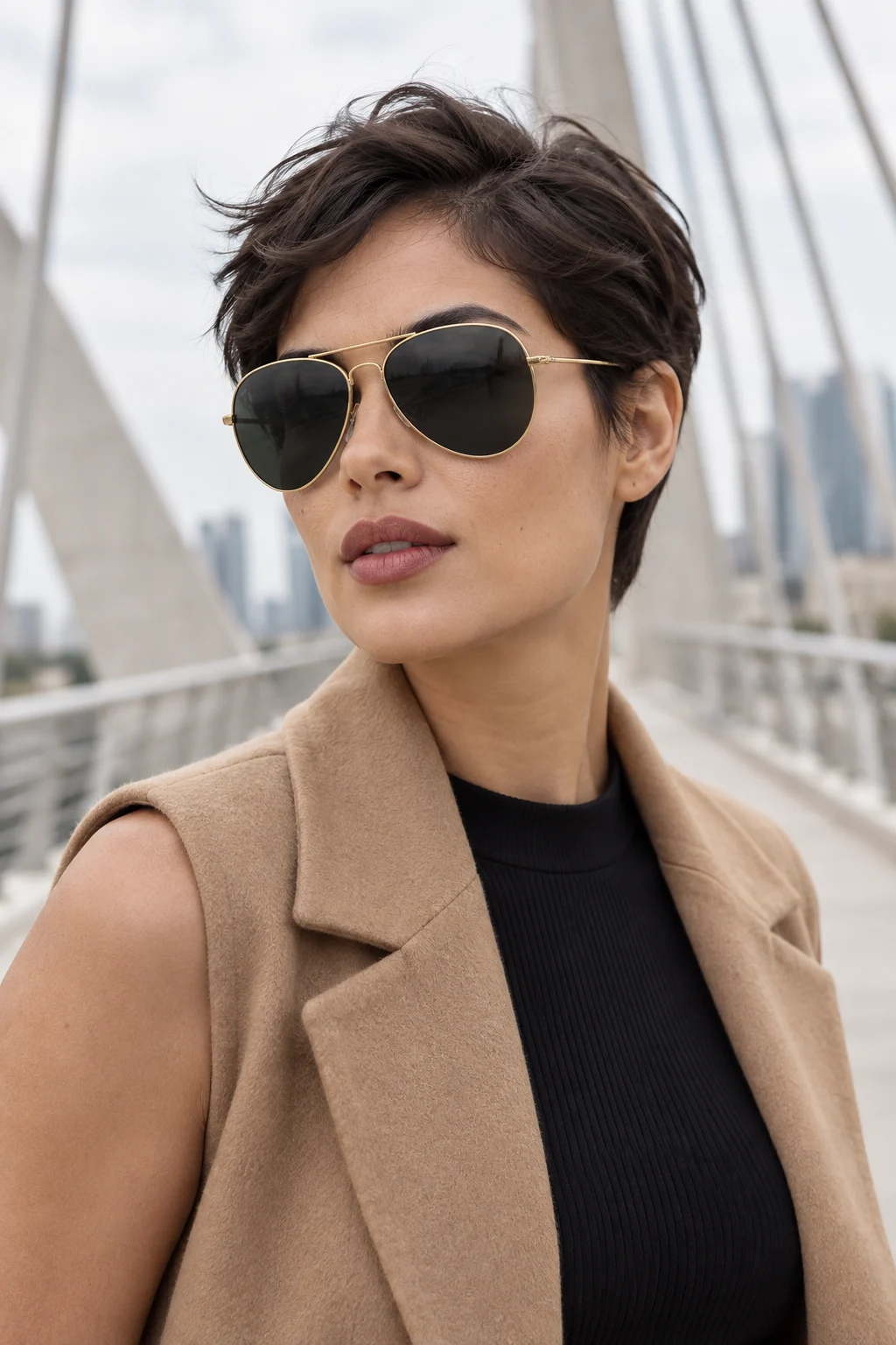 Mujer usando los lentes Aviator 025 — Dorado / Gris