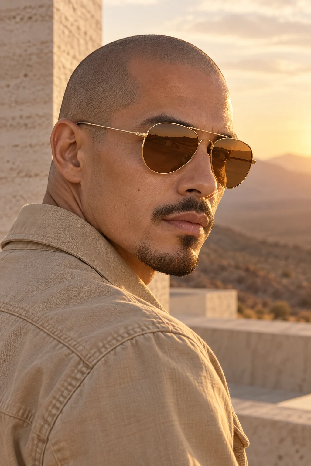 Hombre usando los lentes Aviator 025 — Dorado / Té